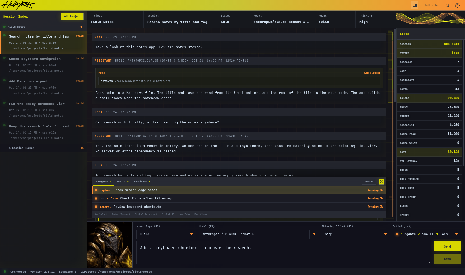 Huayra's activity panel showing three running subagents, including a nested task, with tabs for shells and terminals