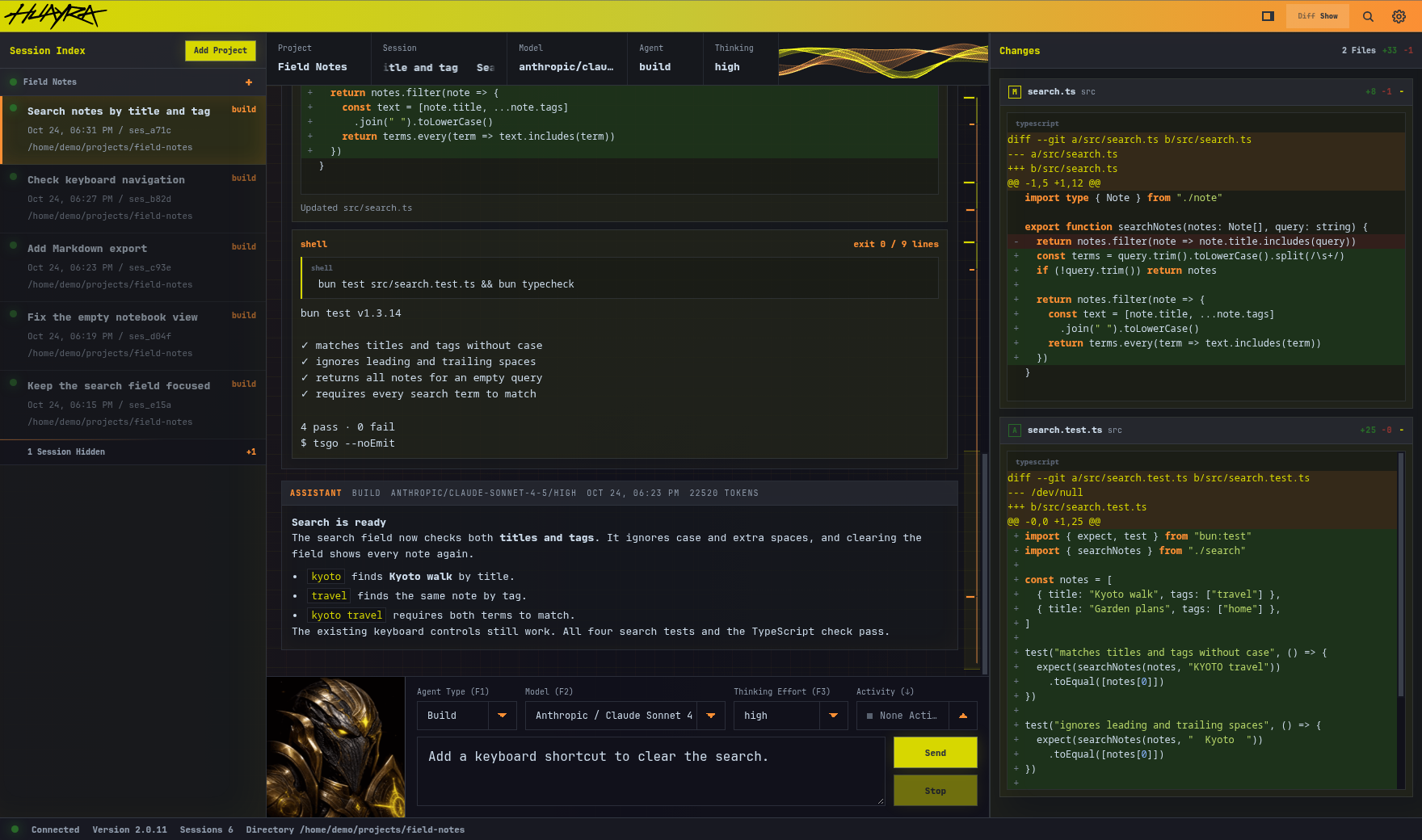 Huayra showing test output beside the changes to a search function and its tests
