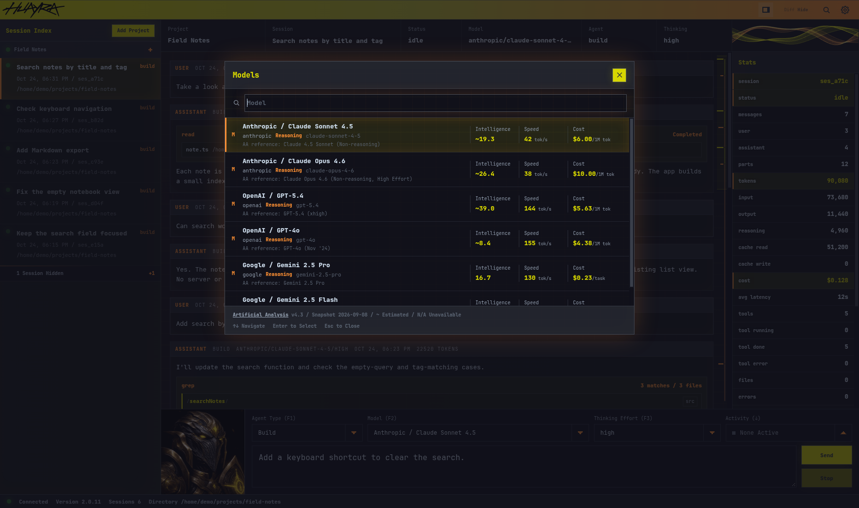 Huayra's model picker showing models from several providers with benchmark, speed, and cost figures