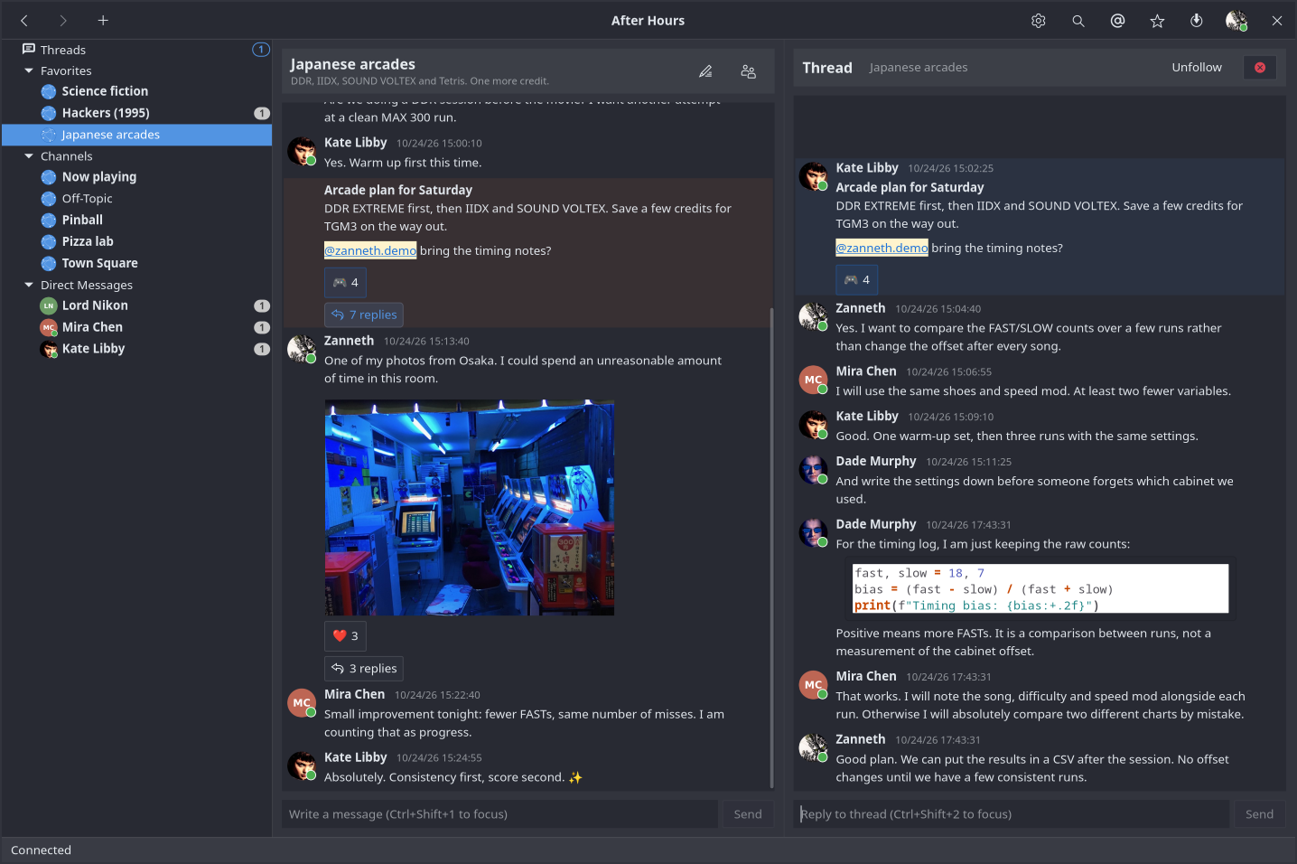 Mattermost GTK showing an arcade conversation, an image attachment, and a thread with syntax-highlighted Python code