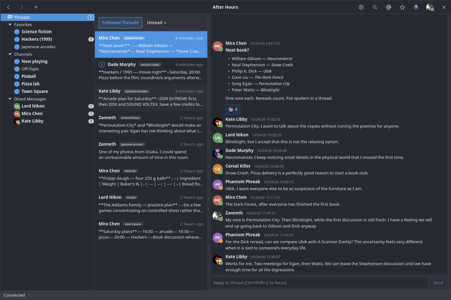 The followed-threads view with a science-fiction reading list and replies about Gibson, Stephenson, Dick, Liu, Egan, and Watts