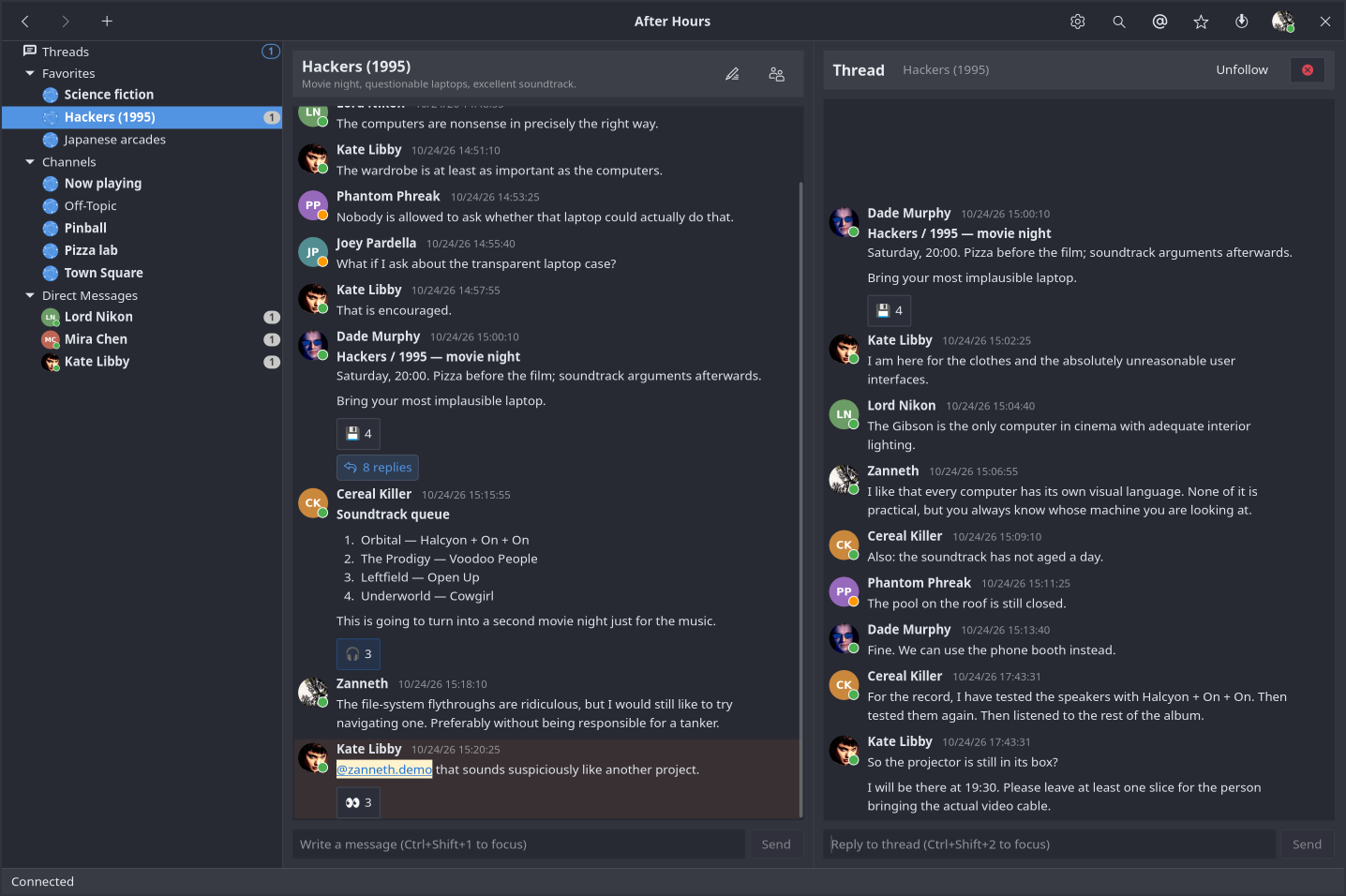 A Hackers movie-night conversation with emoji reactions and an eight-reply thread open beside it